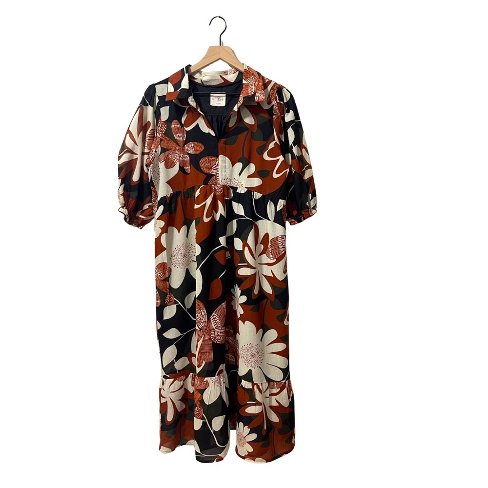Umgee Rust Mix Floral Relaxed Fit Flare Puff Sleeve Maxi Dress Size Small